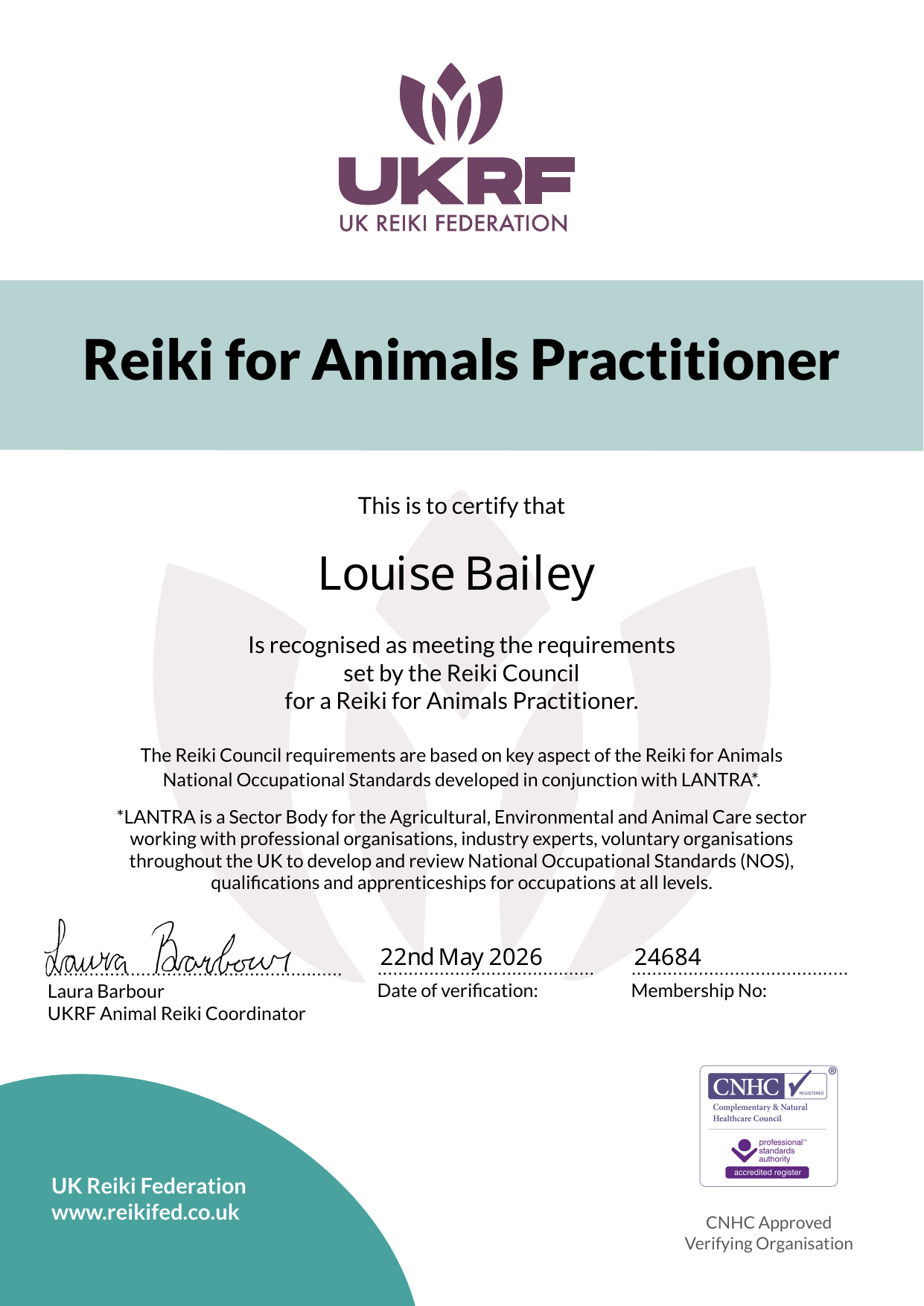 UK Reiki Federation certificate — Reiki for Animals Practitioner, awarded to Louise Bailey